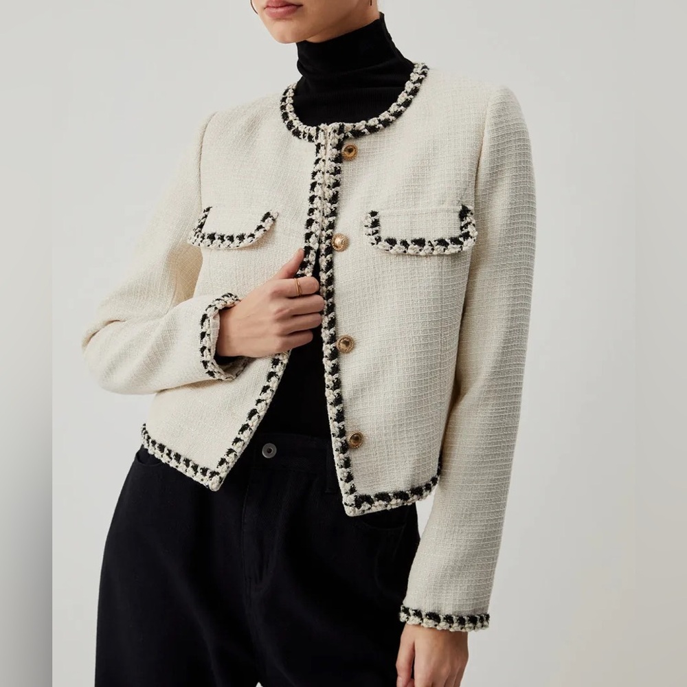 Commense Old Money Tweed Contrast Trim Metallic Button Jacket Cropped Blazer